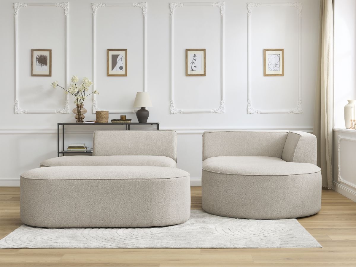 Bobochic Rousseau Ecksofa mit Pouf Melange-Stoff Beige Ecke rechts