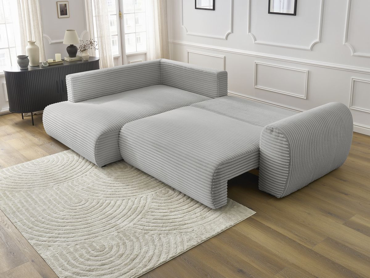 Bobochic Lucien Ecksofa mit Schlaffunktion und Bettkasten 296 × 198 cm Breitcord weich Hellgrau Ecke links