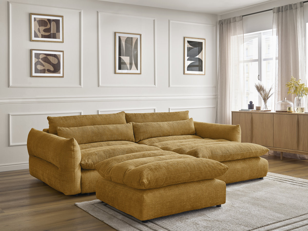 Bobochic Neil Ecksofa mit Pouf Strukturstoff Gelb Ecke rechts