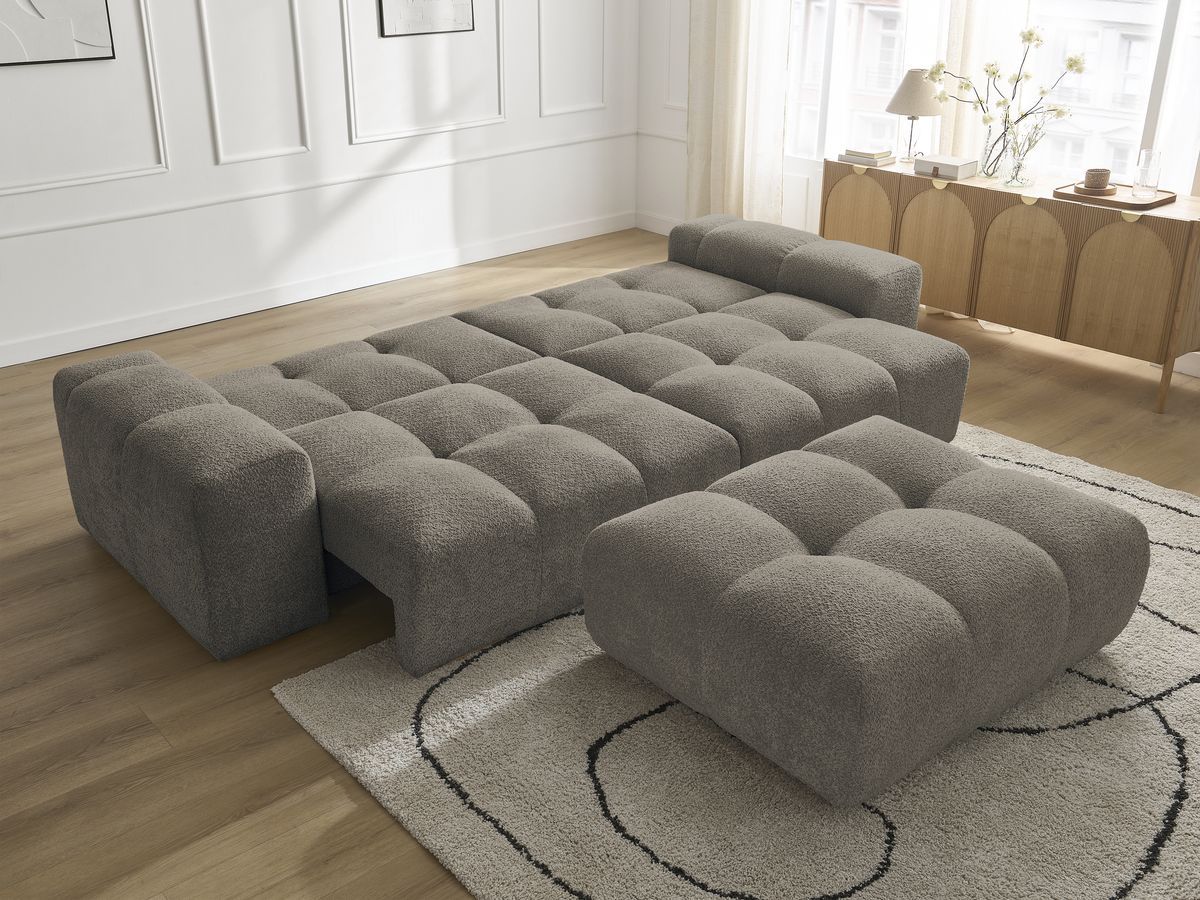 Bobochic Anakin Schlafsofa 3-Sitzer mit Bettkasten und Pouf, 6 Kissen Bouclé-Stoff Taupe