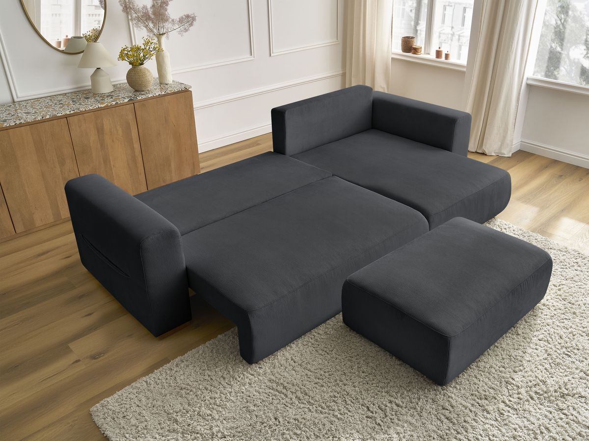 Bobochic Sidonie Ecksofa mit Schlaffunktion und Bettkasten und Pouf Cordsamt Schwarz