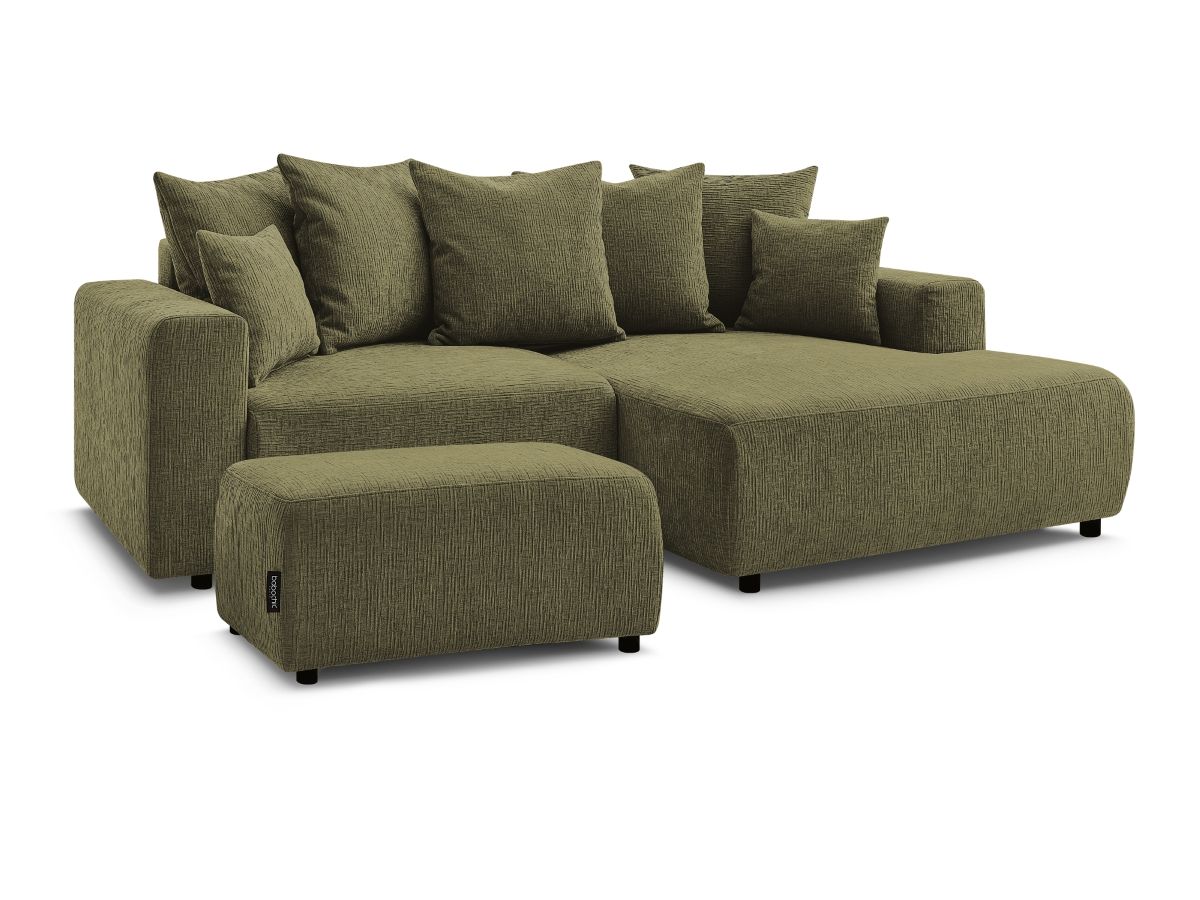 Bobochic Atilla Ecksofa mit Schlaffunktion und Bettkasten und Pouf Strukturstoff Grün Ecke rechts