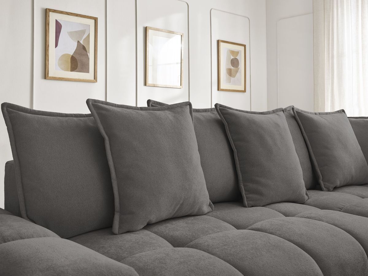 Bobochic Everest Ecksofa mit Schlaffunktion und Bettkasten 320 × 212 cm, 10 Kissen Strukturstoff Dunkelgrau Ecke rechts