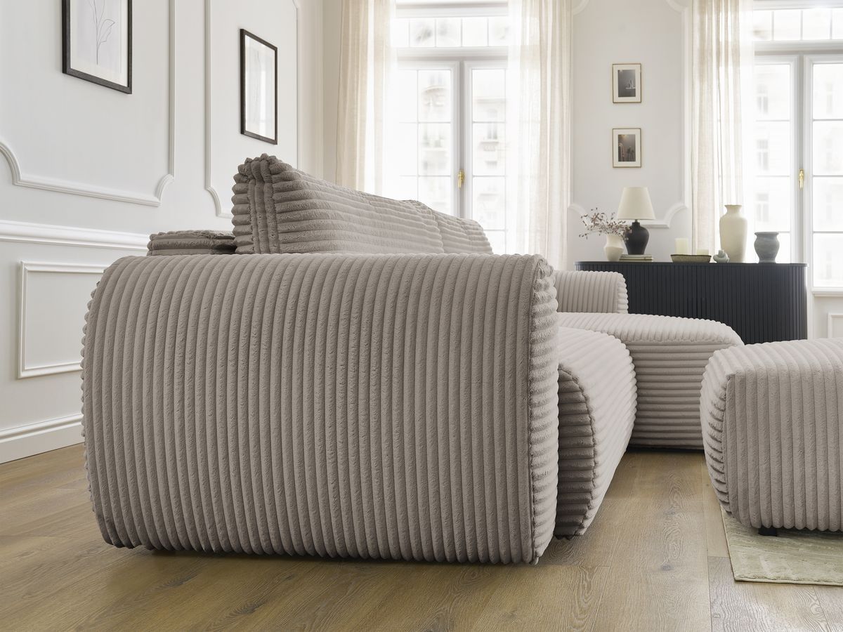 Bobochic Lucien Ecksofa mit Schlaffunktion und Bettkasten und Pouf 314 × 167 cm Breitcord weich Taupe Ecke rechts
