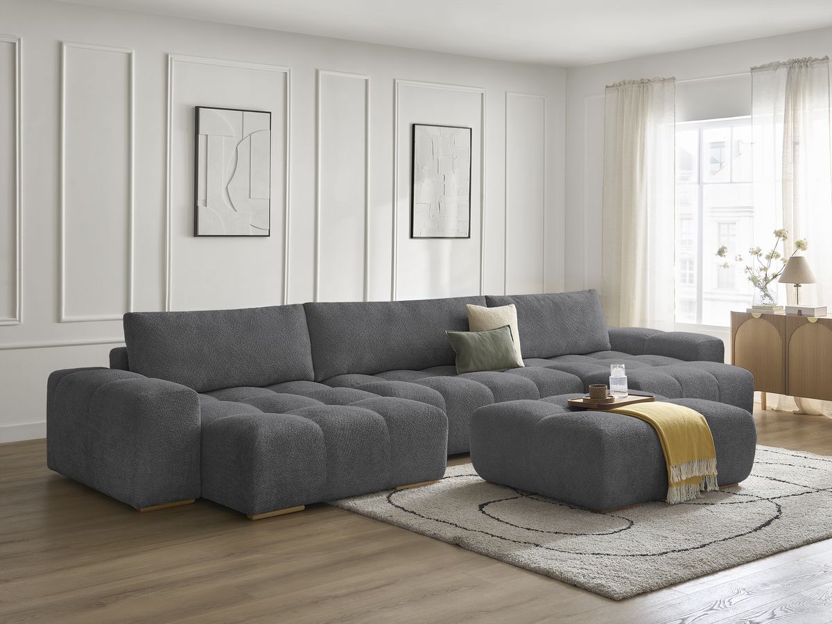 Bobochic Anakin Wohnlandschaft mit Pouf, 3 Kissen Bouclé-Stoff Dunkelgrau