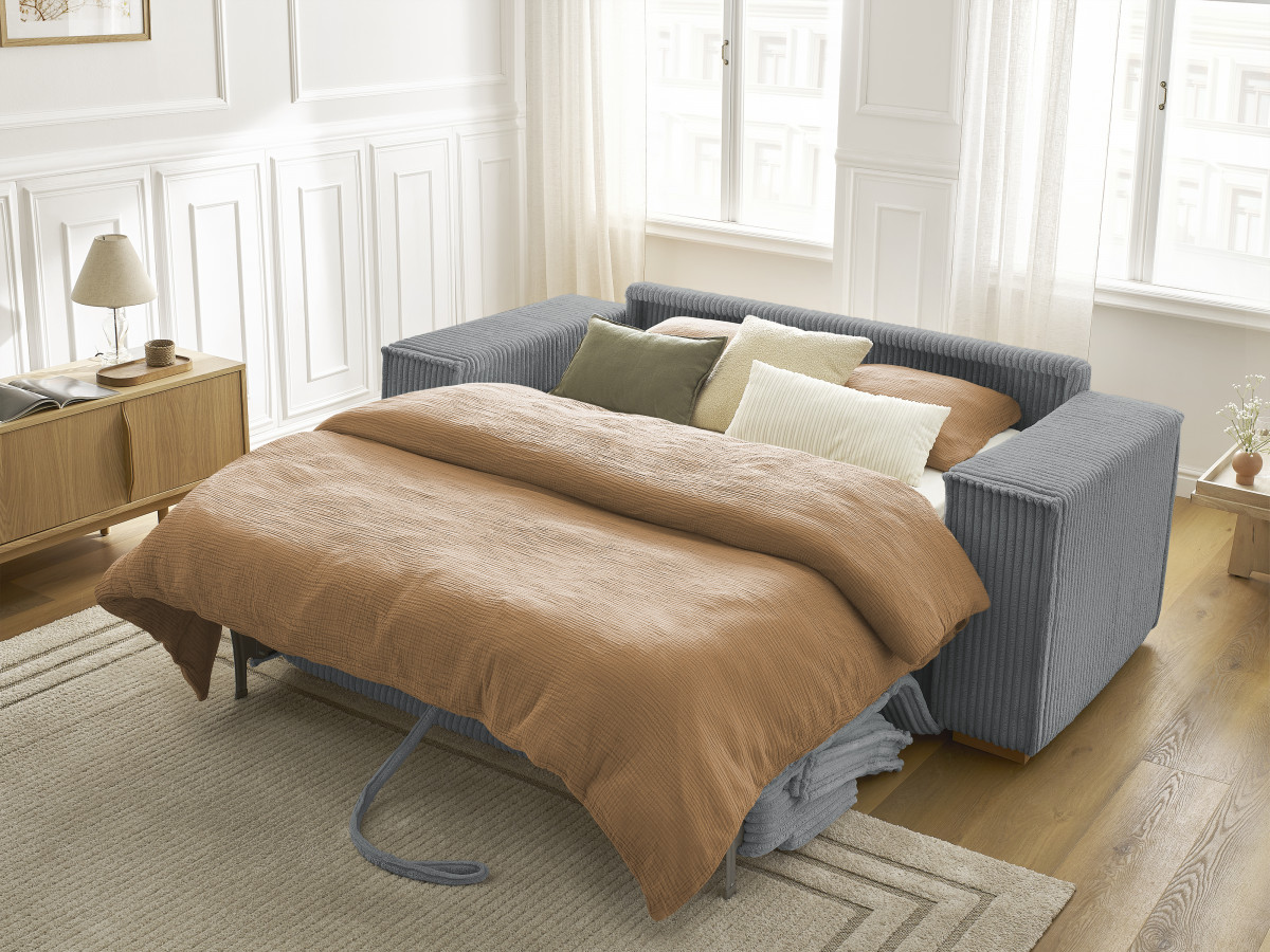 Bobochic Chelsea Schlafsofa 3-Sitzer Cordsamt Dunkelgrau, Liegefläche 140 × 200 cm