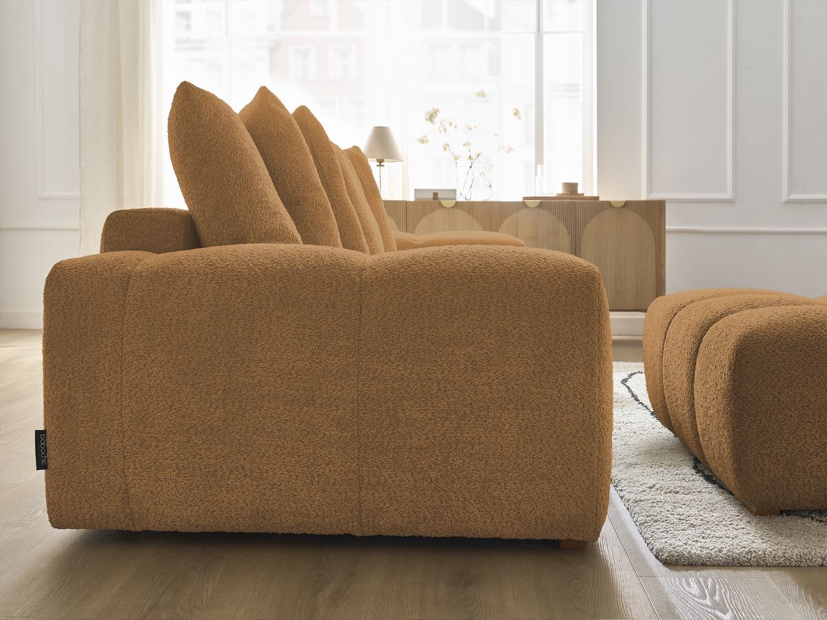 Bobochic Anakin Sofa 3-Sitzer mit Pouf, 6 Kissen Bouclé-Stoff Gelb