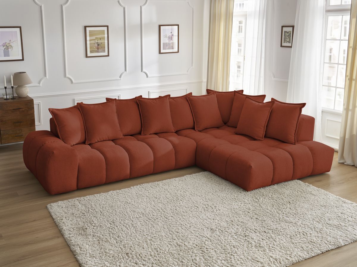 Bobochic Everest Ecksofa, 10 Kissen Strukturstoff Orange Ecke rechts