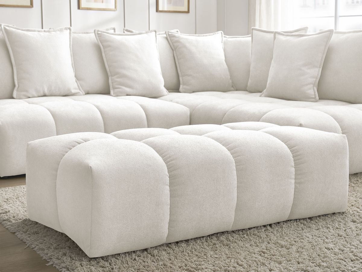 Bobochic Everest Ecksofa mit Schlaffunktion und Bettkasten und Pouf 320 × 212 cm, 10 Kissen Strukturstoff Weiß Ecke rechts