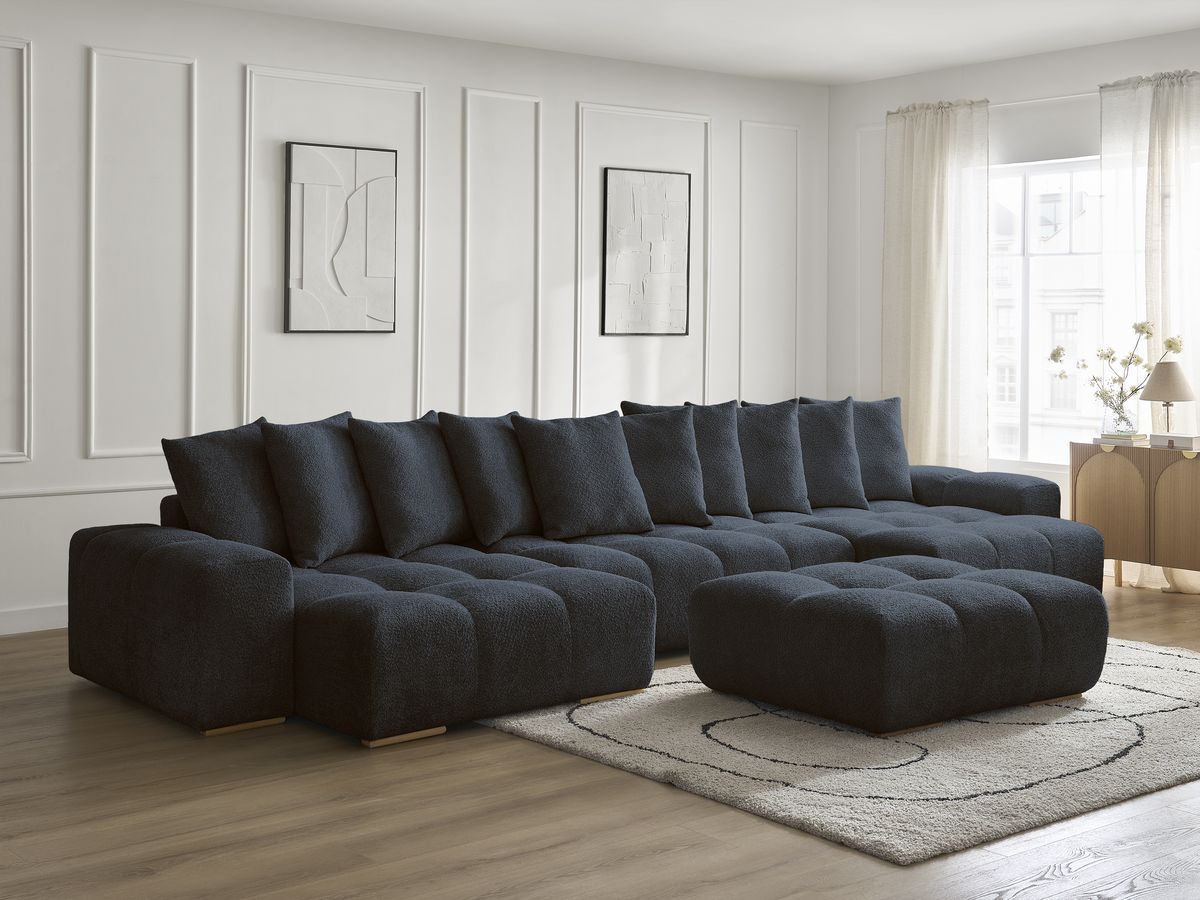Bobochic Anakin Wohnlandschaft mit Pouf, 10 Kissen Bouclé-Stoff Dunkelblau
