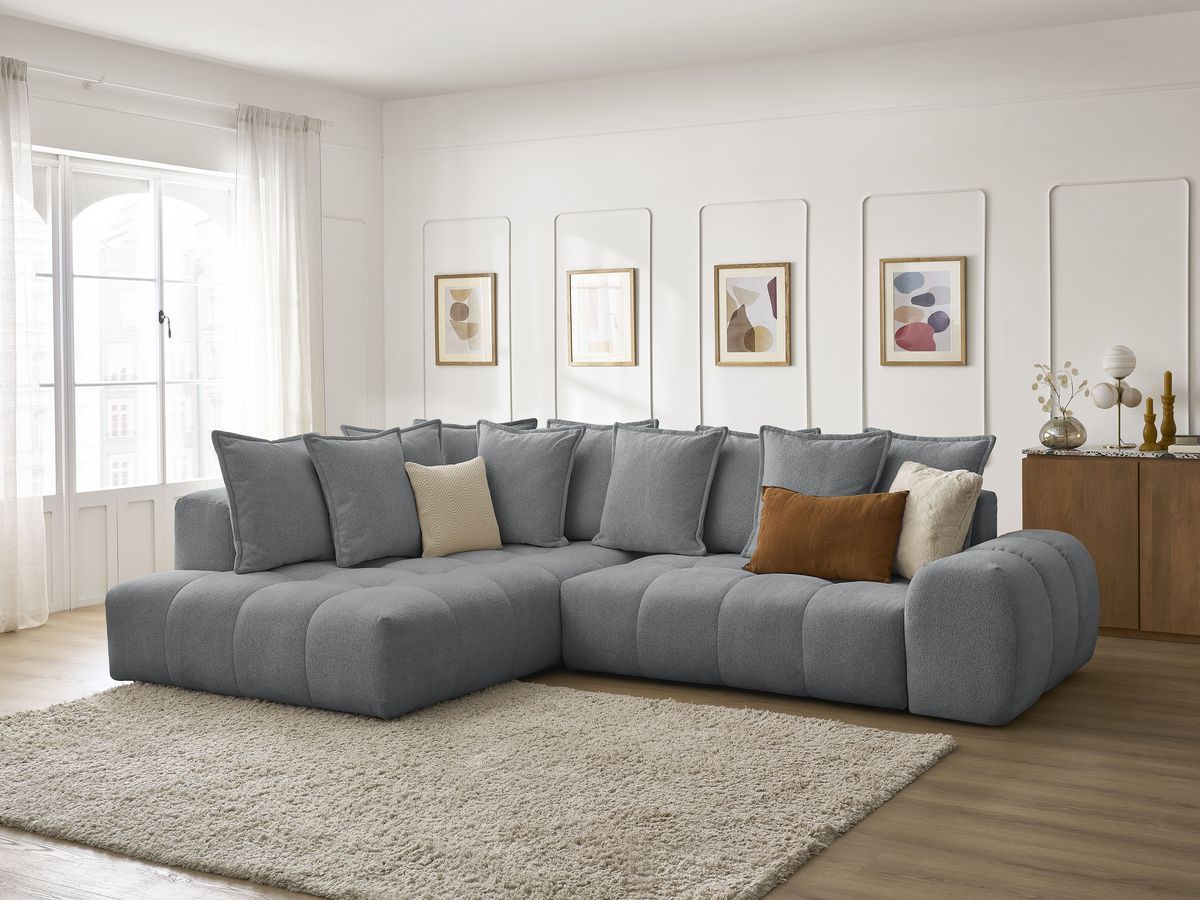 Bobochic Everest Ecksofa mit Schlaffunktion und Bettkasten 320 × 212 cm, 10 Kissen Melange-Stoff Dunkelgrau Ecke links