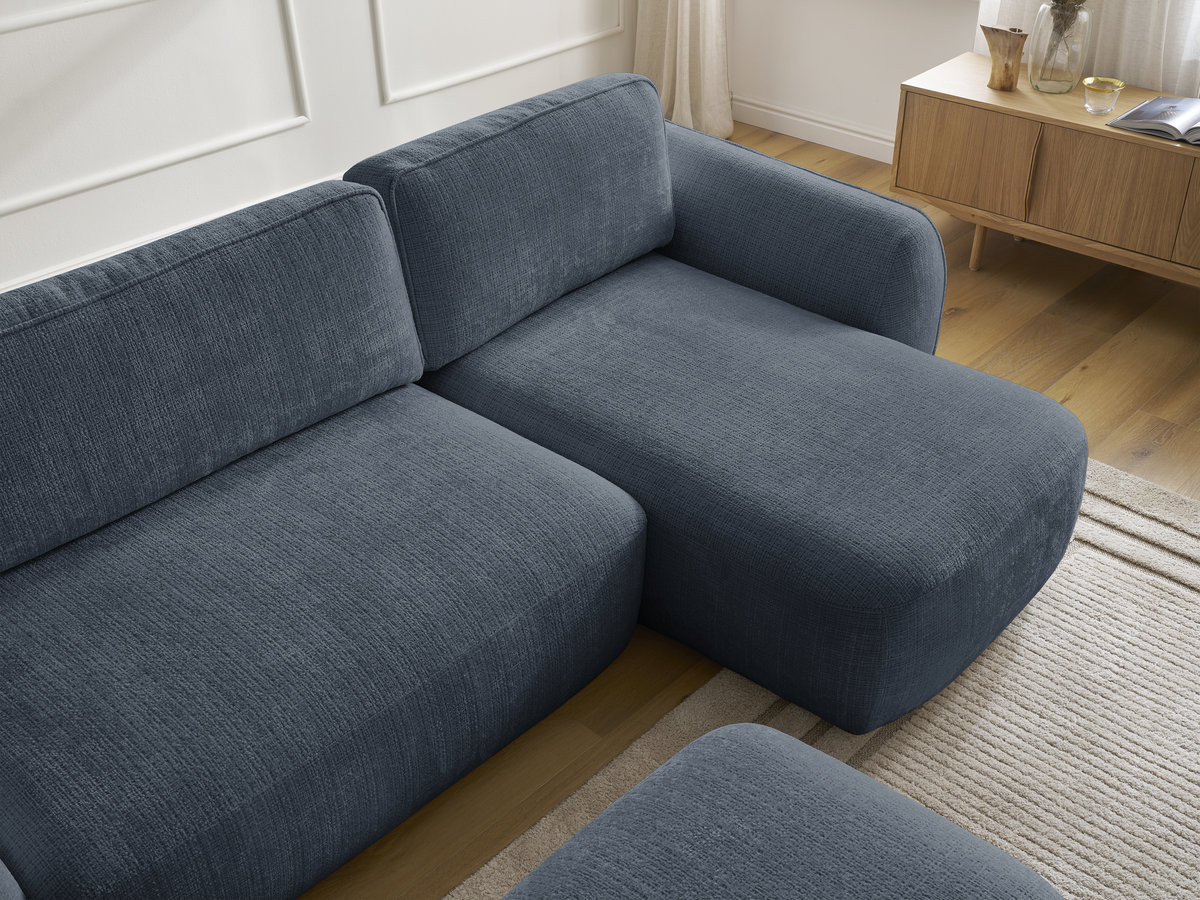 Bobochic Denise Ecksofa mit Schlaffunktion und Bettkasten und Pouf 258 × 160 cm Strukturstoff Dunkelblau Ecke rechts