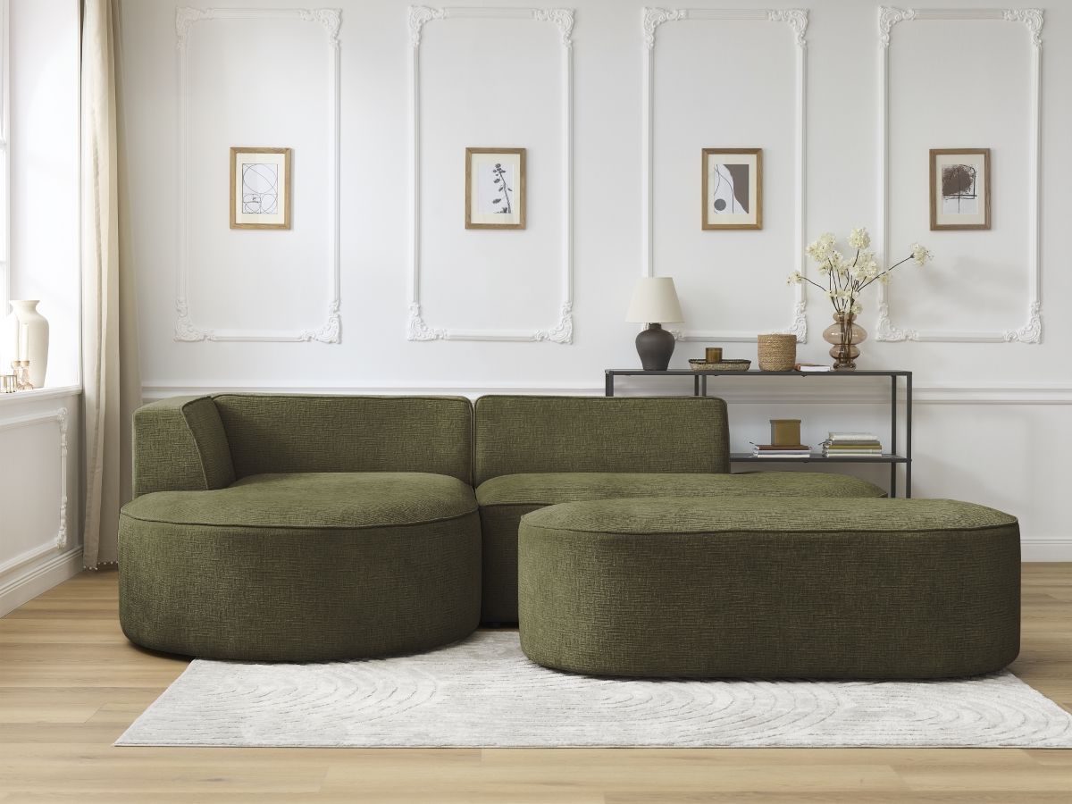 Bobochic Rousseau Ecksofa mit Pouf Strukturstoff Grün Ecke links