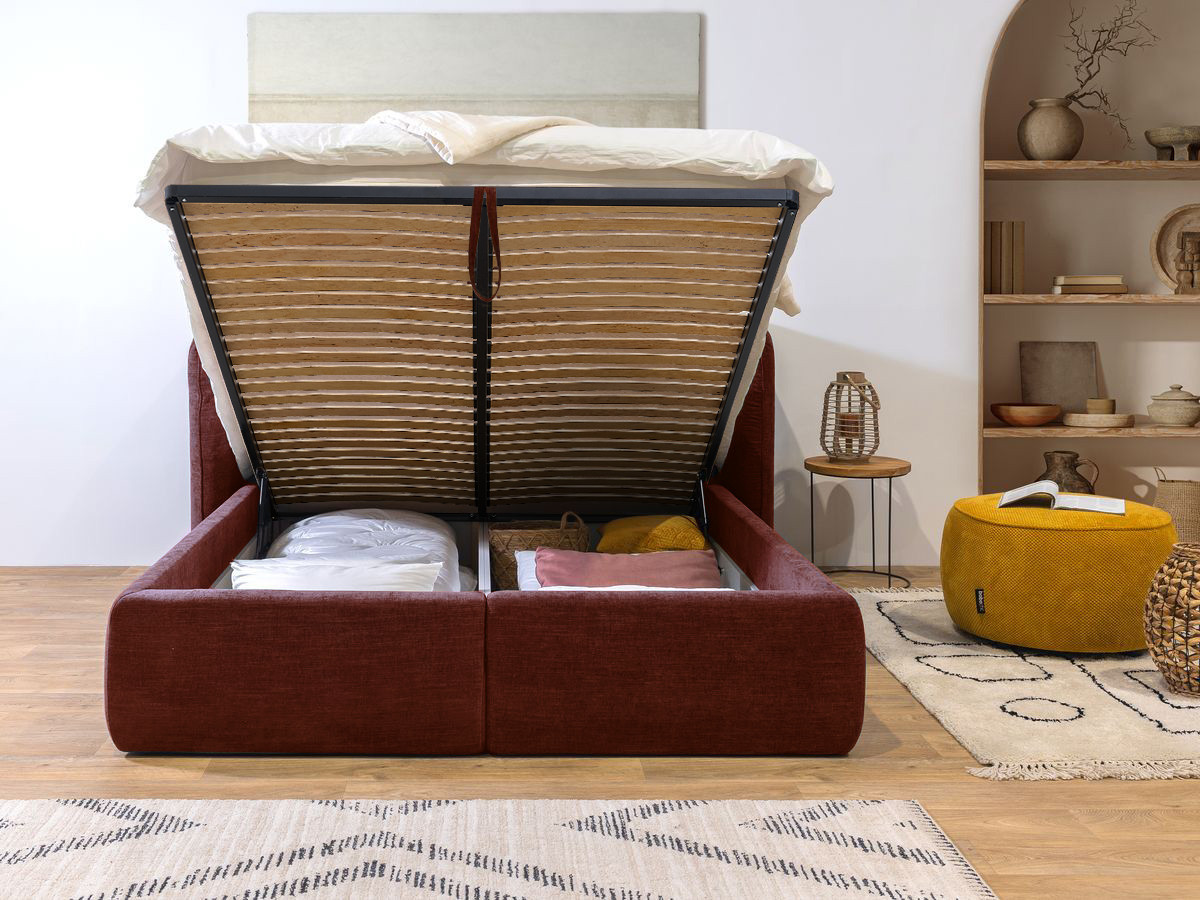 Bobochic Louise Polsterbett mit Bettkasten Stoff Rot, Liegefläche 140 × 190 cm
