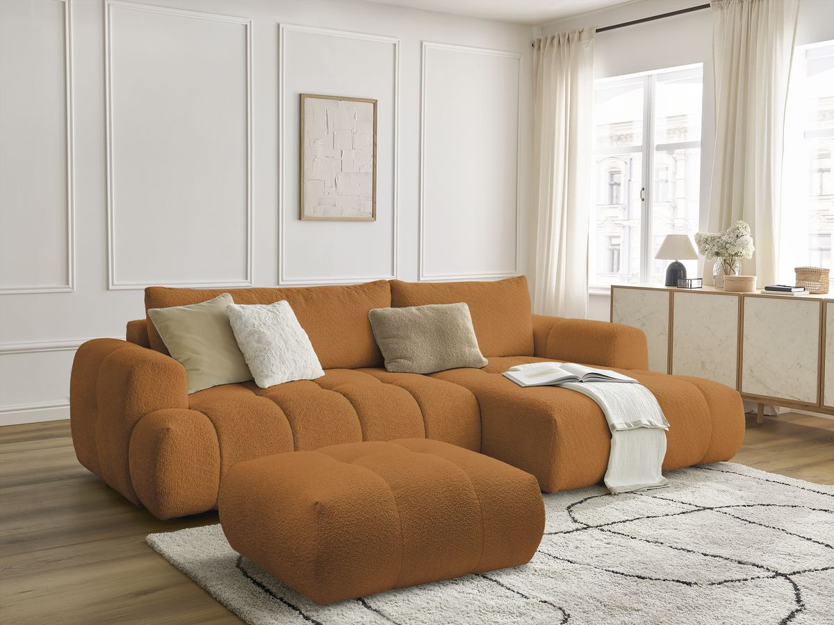 Bobochic Fuji Ecksofa mit Schlaffunktion und Bettkasten und Pouf 292 × 160 cm Bouclé-Stoff Gelb Ecke rechts