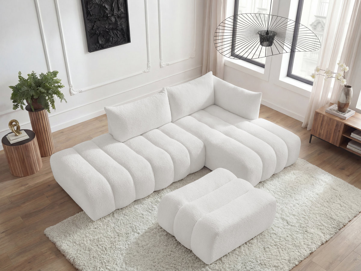 Bobochic Azra Ecksofa mit Pouf 319 × 178 cm Bouclé-Stoff Weiß Ecke rechts