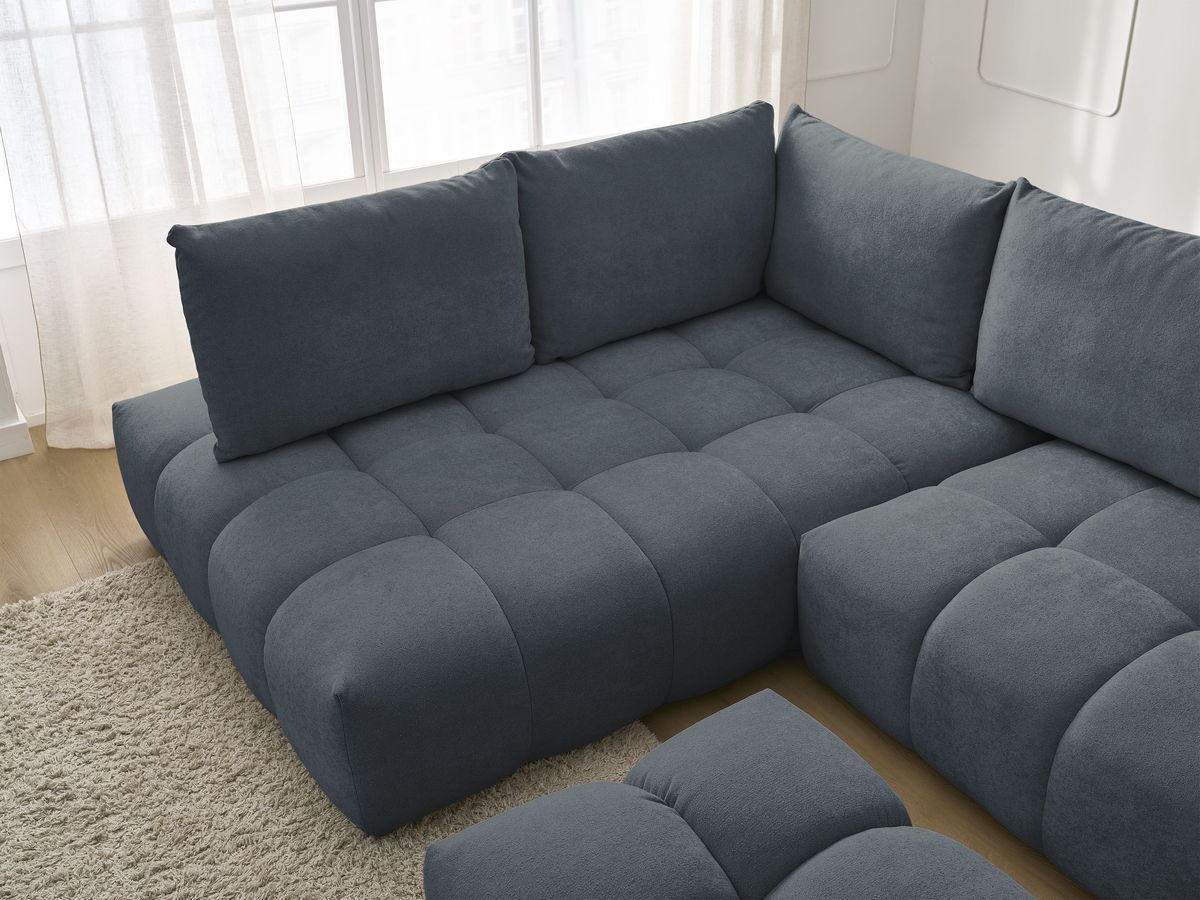 Bobochic Everest Ecksofa mit Schlaffunktion und Bettkasten und Pouf 320 × 212 cm, 5 Kissen Strukturstoff Dunkelblau Ecke links