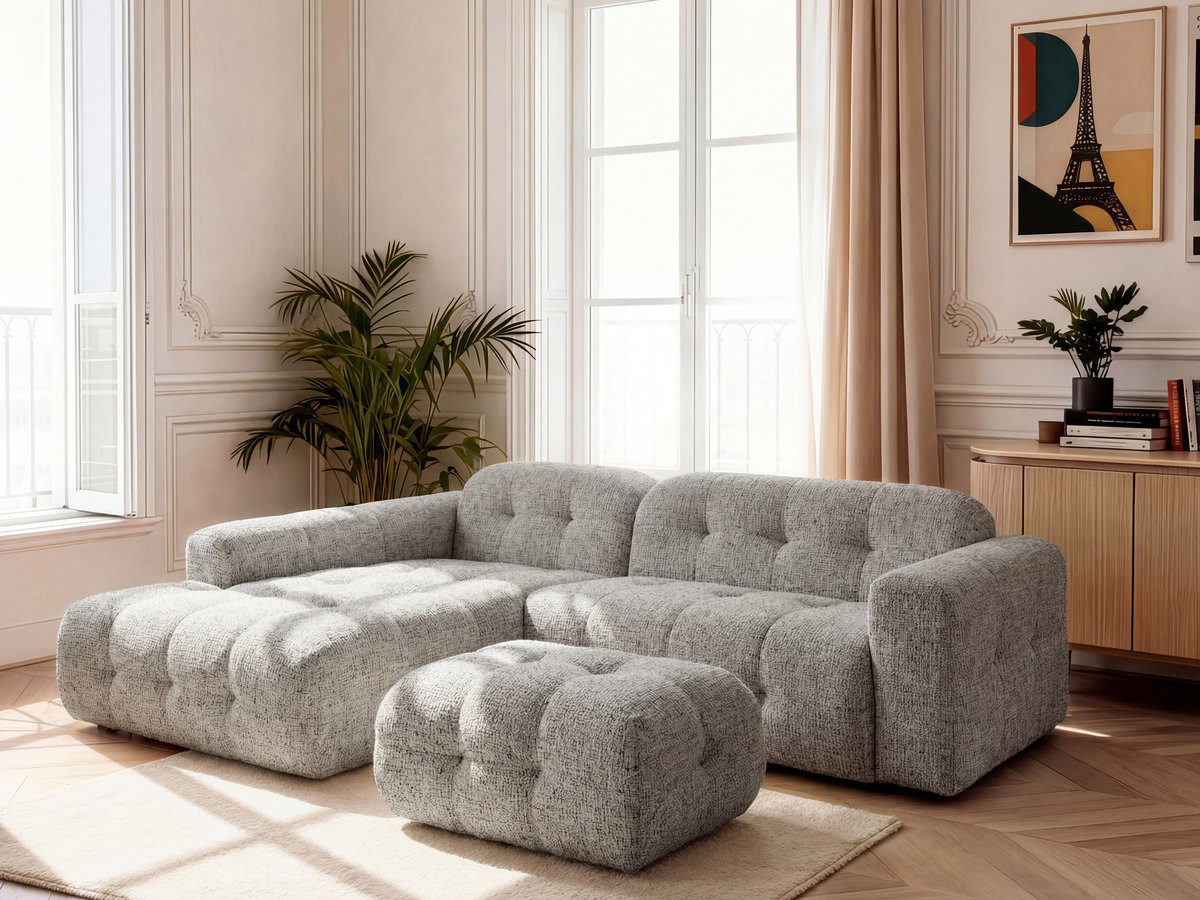 Bobochic Laura Ecksofa mit kleinem Pouf Melange-Stoff Taupe Ecke links