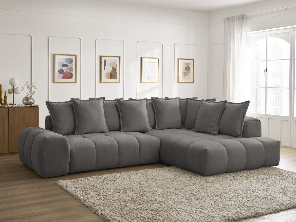 Bobochic Everest Ecksofa mit Schlaffunktion und Bettkasten 320 × 212 cm, 10 Kissen Strukturstoff Dunkelgrau Ecke rechts
