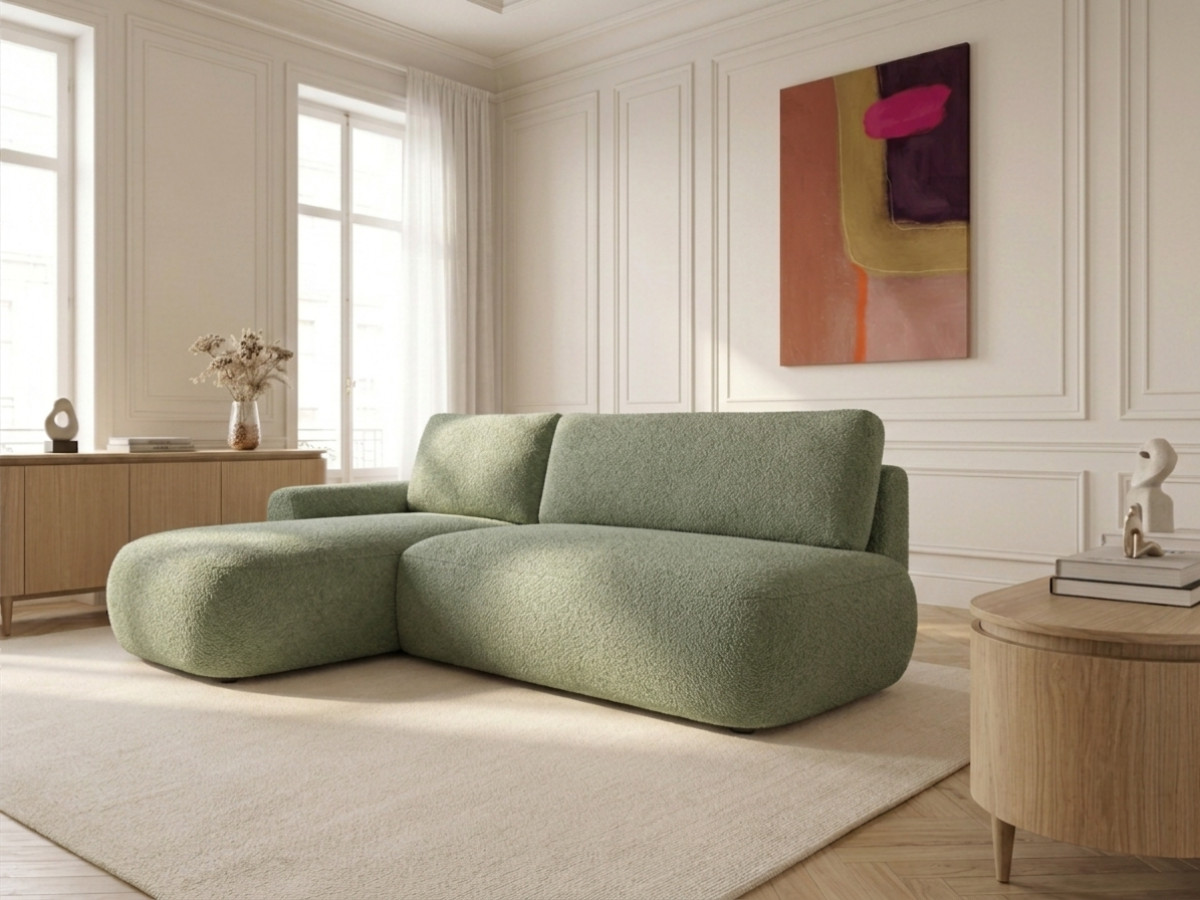 Bobochic Tango Ecksofa mit Schlaffunktion und Bettkasten Bouclé-Stoff Grün Ecke links