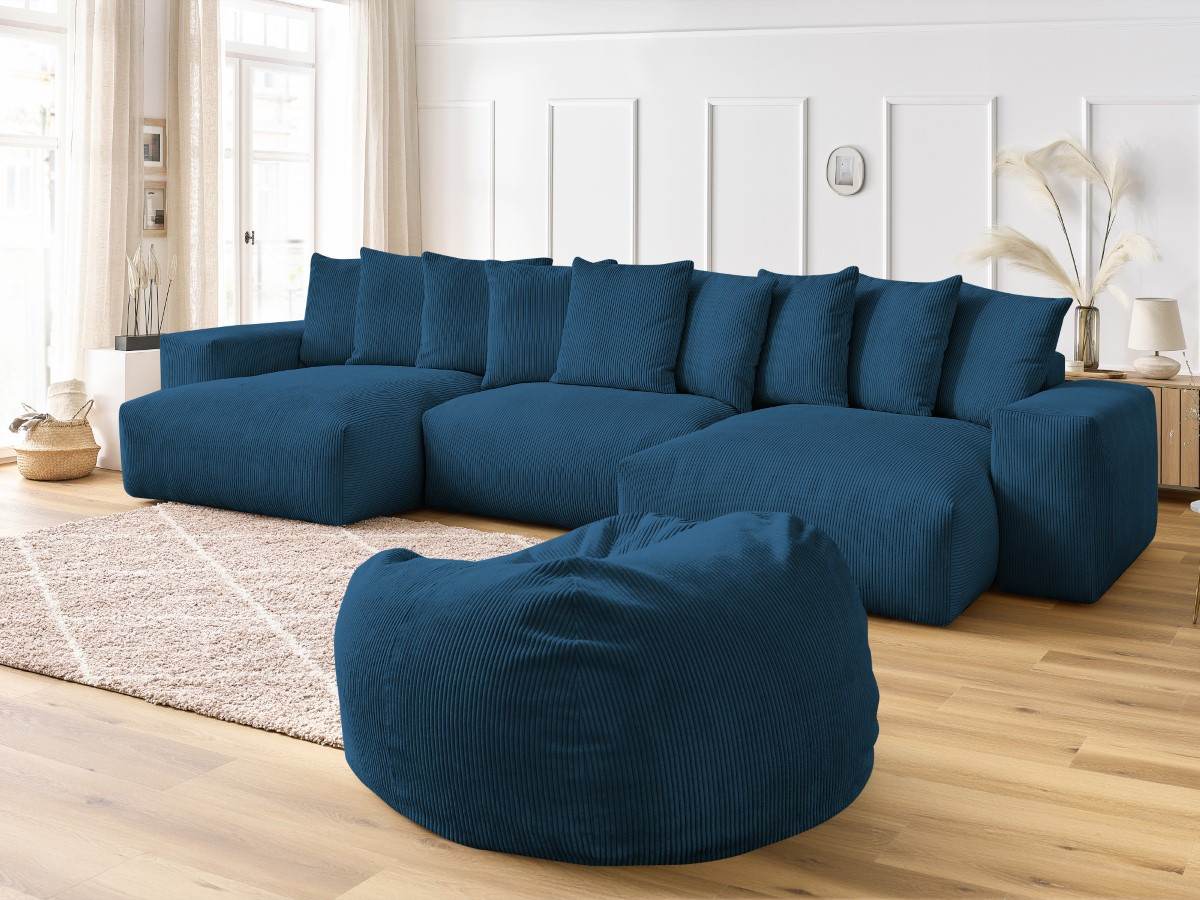 Bobochic Voltaire Wohnlandschaft mit Pouf 420 × 174 cm Cordsamt Dunkelblau