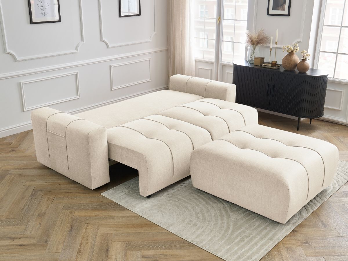 Bobochic Arsene Schlafsofa 4-Sitzer mit Bettkasten und Pouf Samt Beige