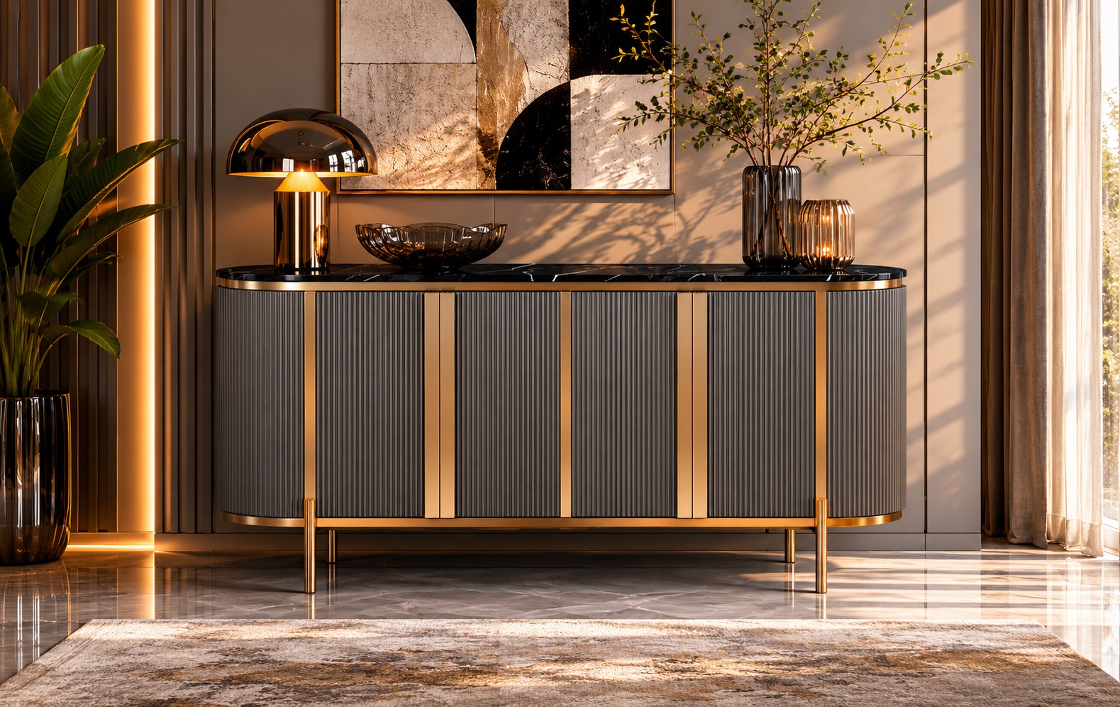 Livin Hill Sideboard Stilig Riffelfront 160 cm Schwarz, Platte Marmoroptik