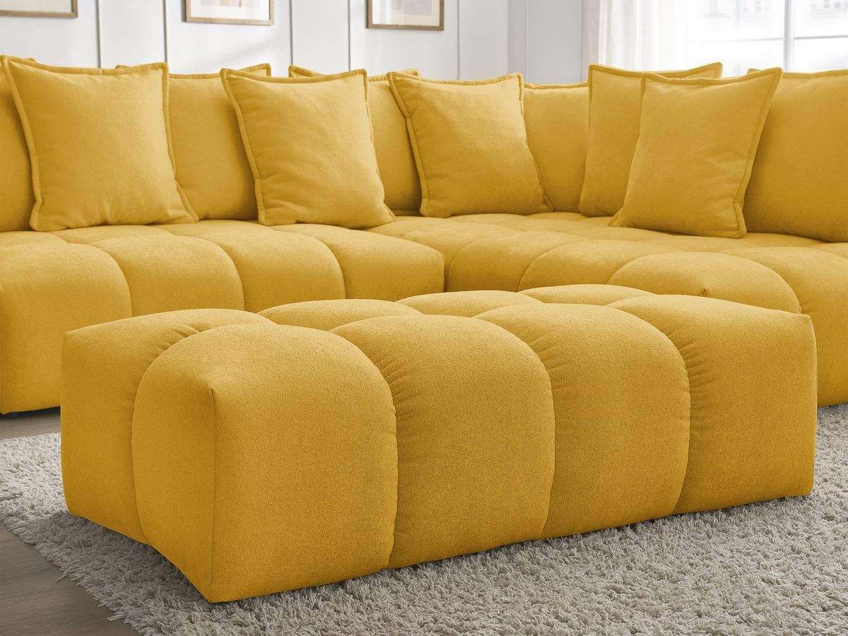 Bobochic Everest Ecksofa mit Schlaffunktion und Bettkasten und Pouf 320 × 212 cm, 10 Kissen Strukturstoff Gelb Ecke rechts