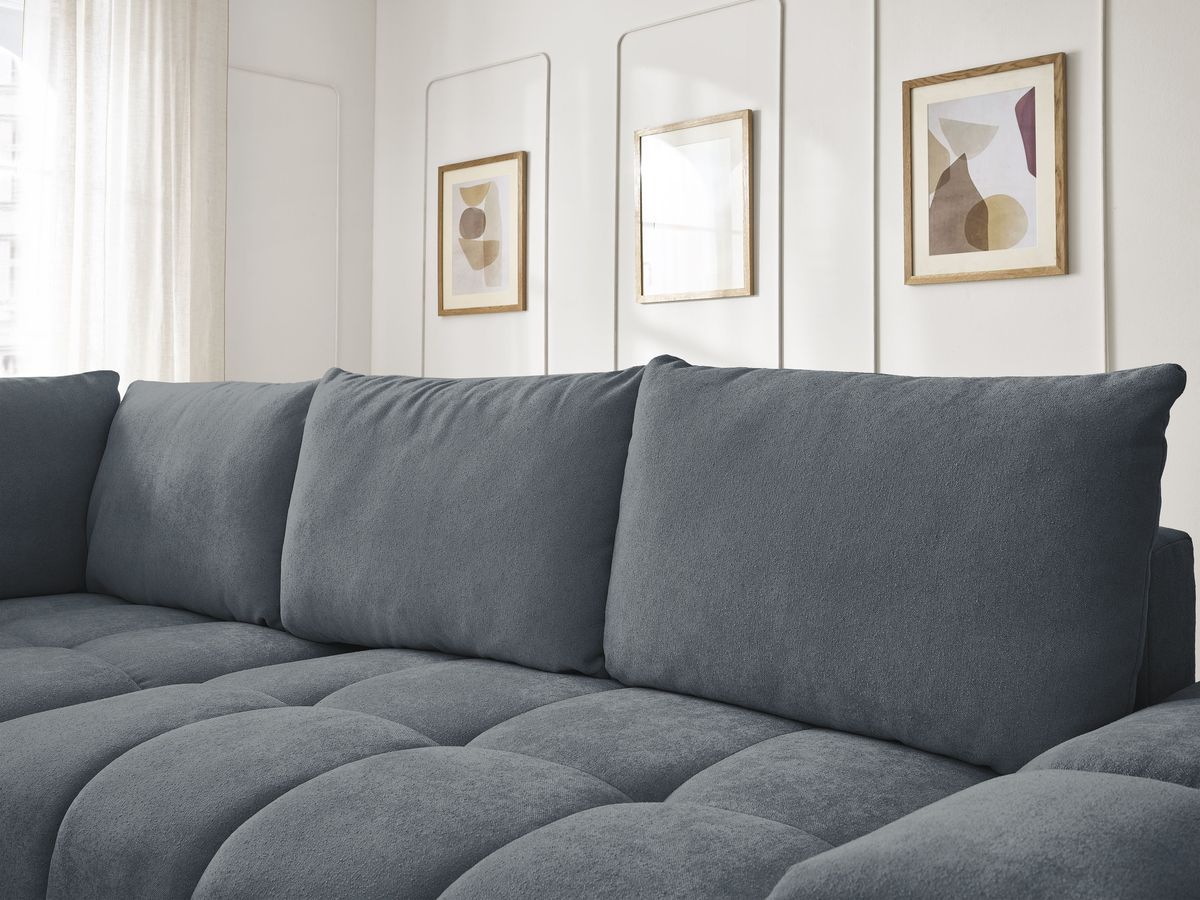 Bobochic Everest Ecksofa mit Schlaffunktion und Bettkasten 320 × 212 cm, 5 Kissen Strukturstoff Dunkelblau Ecke links