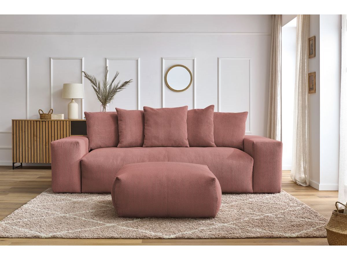 Bobochic Voltaire Schlafsofa 4-Sitzer mit Bettkasten und Pouf Cordsamt Rosa