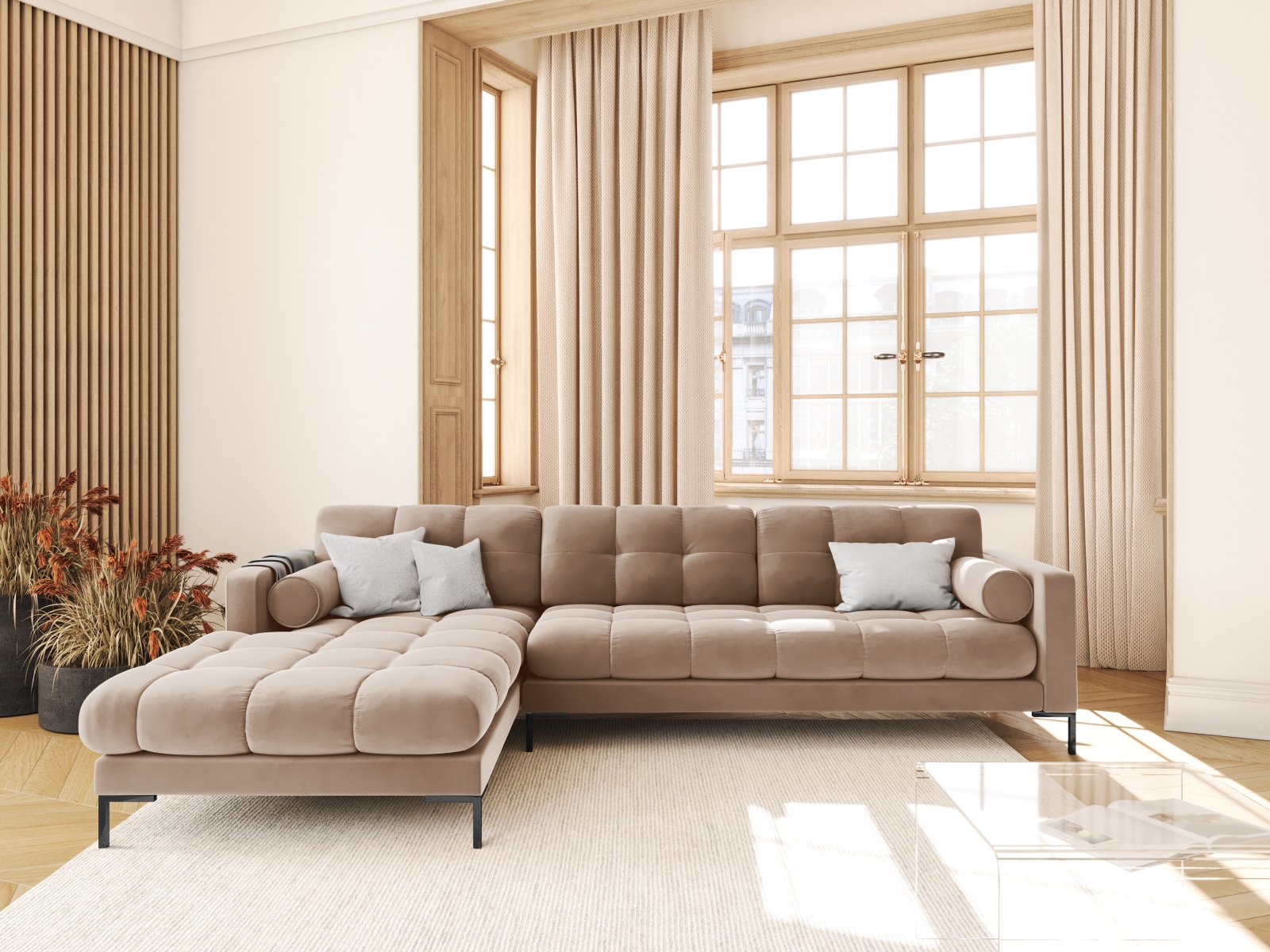 Cosmopolitan Design Ecksofa Bali 5-Sitzer Samt Bluvel Beige Links Beine Schwarzes Metall