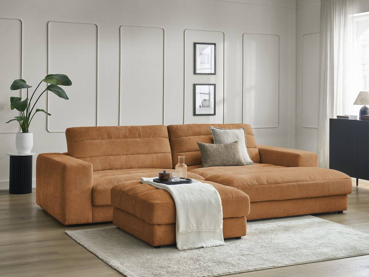 Bobochic Sierra Ecksofa mit Pouf Strukturstoff Orange Ecke rechts