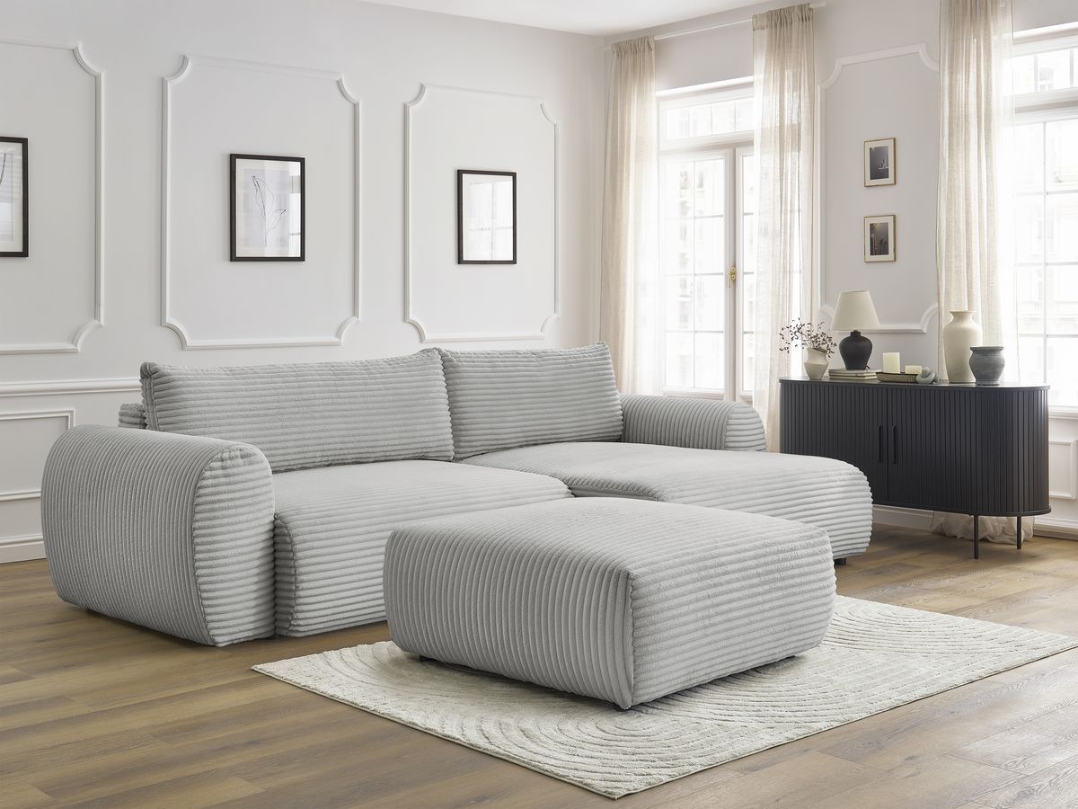 Bobochic Lucien Ecksofa mit Schlaffunktion und Bettkasten und Pouf 314 × 167 cm Breitcord weich Hellgrau Ecke rechts