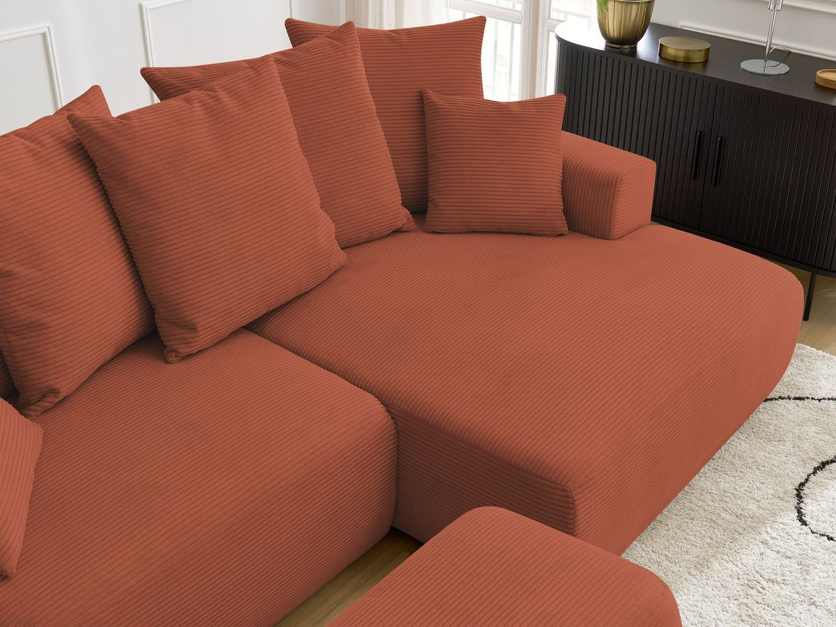 Bobochic Atilla Ecksofa mit Schlaffunktion und Bettkasten und Pouf Cordsamt Orange Ecke rechts