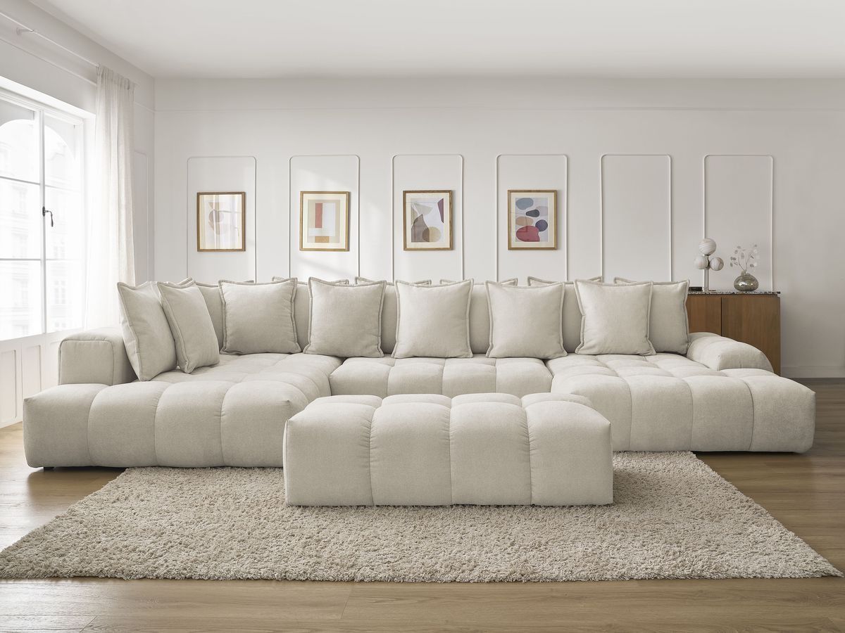 Bobochic Everest Wohnlandschaft mit Pouf, 14 Kissen Strukturstoff Beige Ecke rechts
