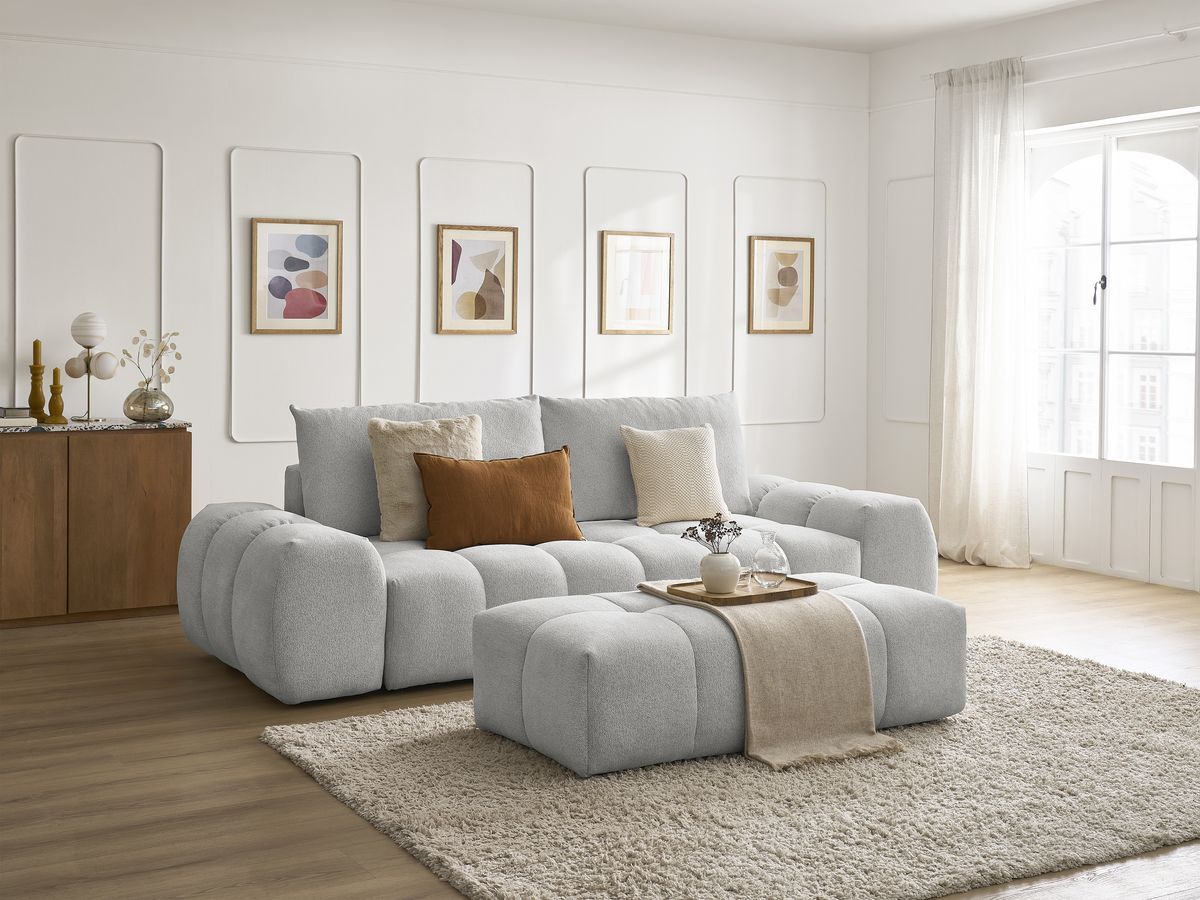 Bobochic Everest Schlafsofa 3-Sitzer mit Bettkasten und Pouf, 2 Kissen Melange-Stoff Hellgrau