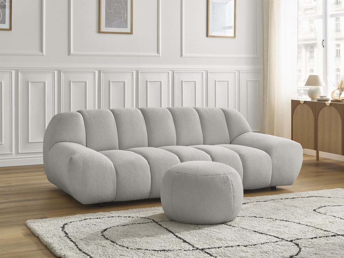 Bobochic Hayden Sofa 3-Sitzer mit Pouf 226 × 107 cm Bouclé-Stoff Hellgrau