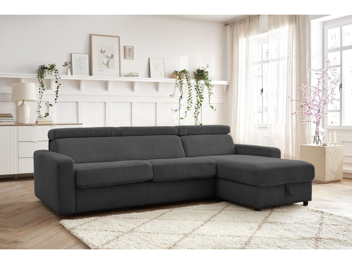 Bobochic Monaco Ecksofa mit Schlaffunktion und Bettkasten Cordsamt Dunkelgrau, Liegefläche 140 × 190 cm