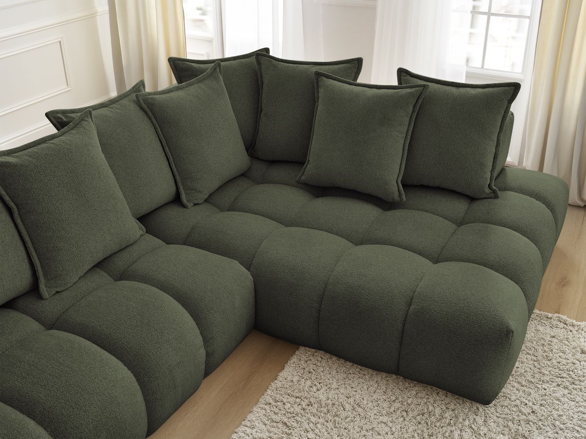 Bobochic Everest Ecksofa mit Schlaffunktion und Pouf, 10 Kissen Melange-Stoff Grün Ecke rechts