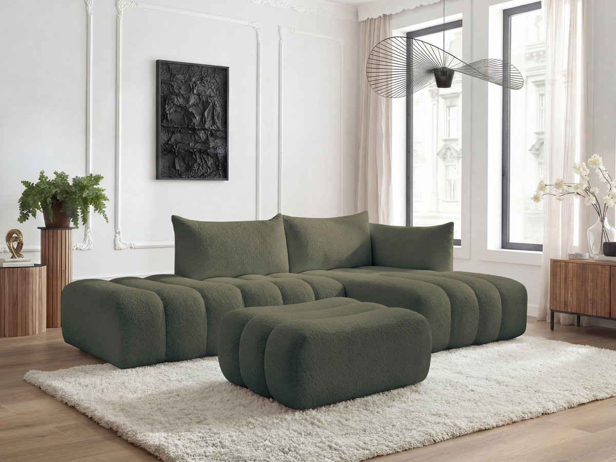 Bobochic Azra Ecksofa mit Pouf 319 × 178 cm Bouclé-Stoff Grün Ecke rechts