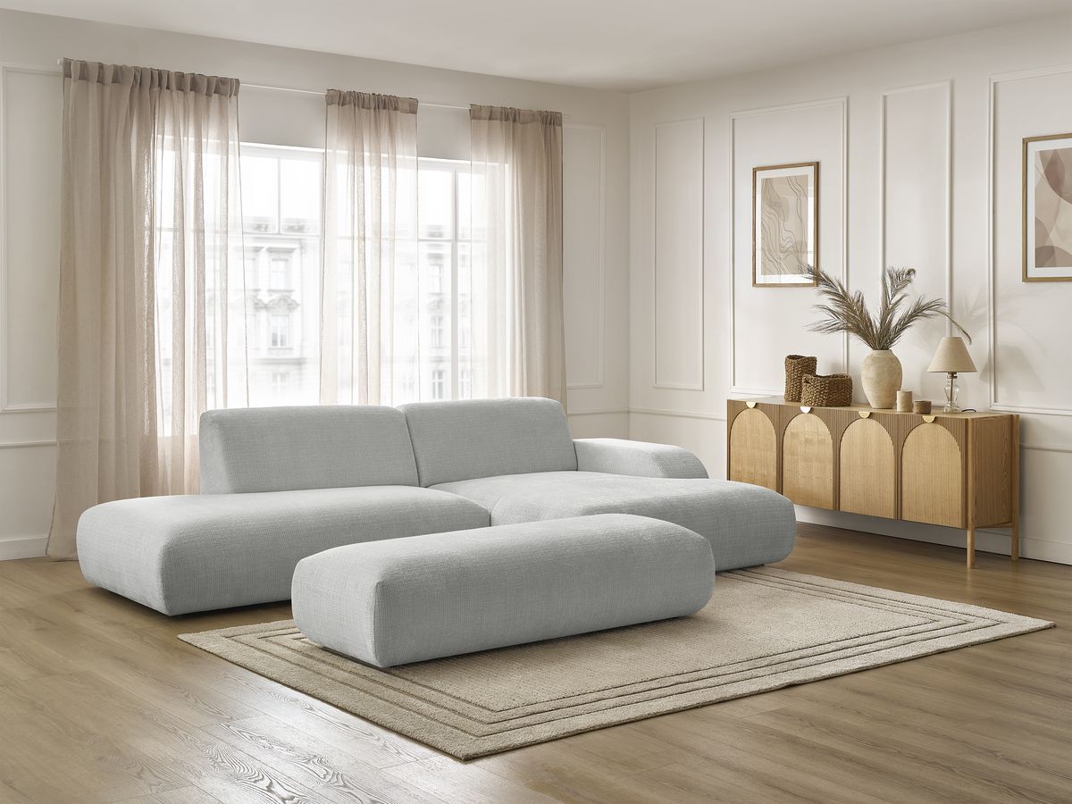 Bobochic Sirius Ecksofa mit Pouf 300 × 170 cm Strukturstoff Hellgrau Ecke rechts