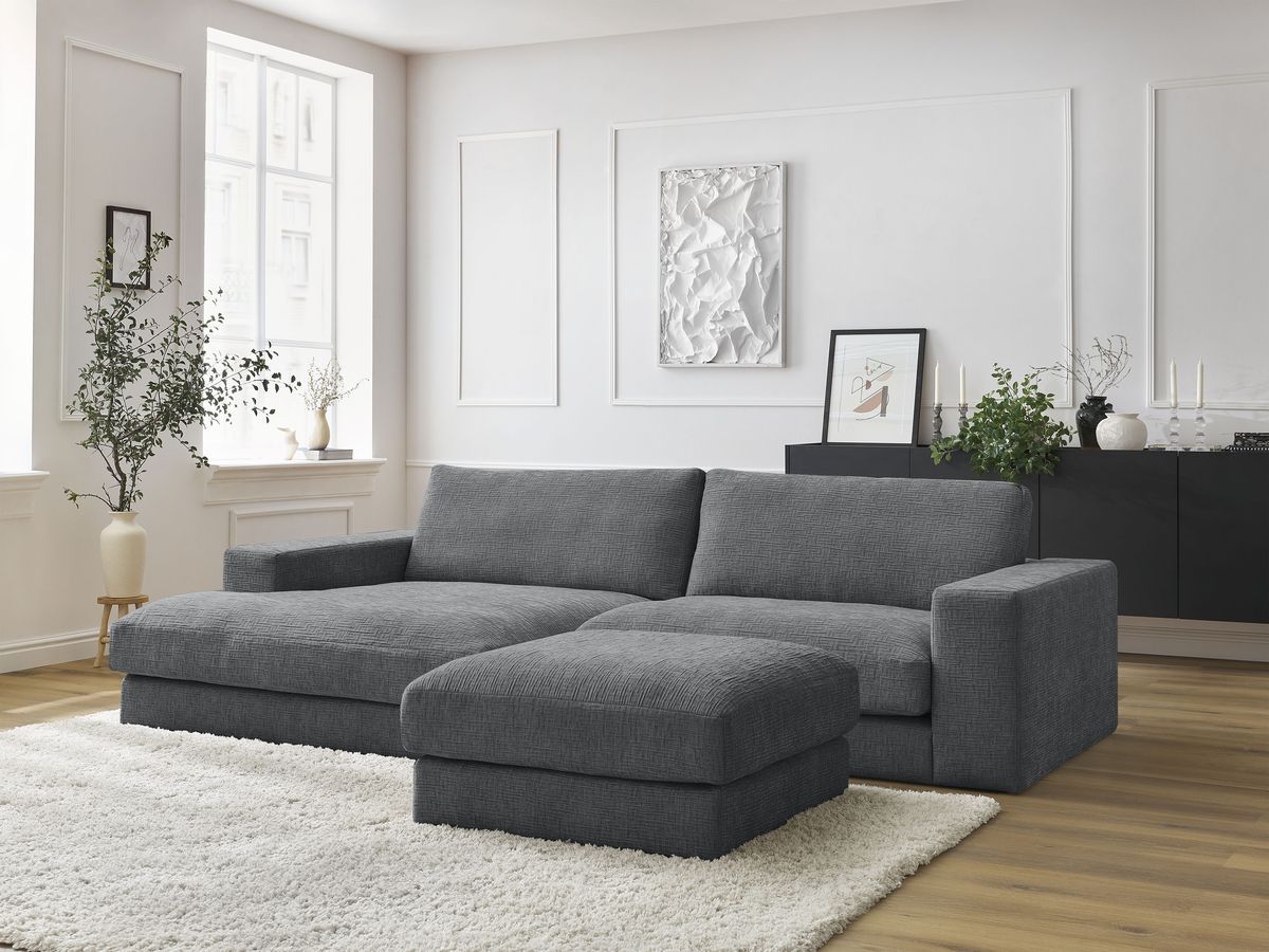 Bobochic Leonard Ecksofa mit Pouf 274 × 159 cm Strukturstoff Dunkelgrau Ecke links