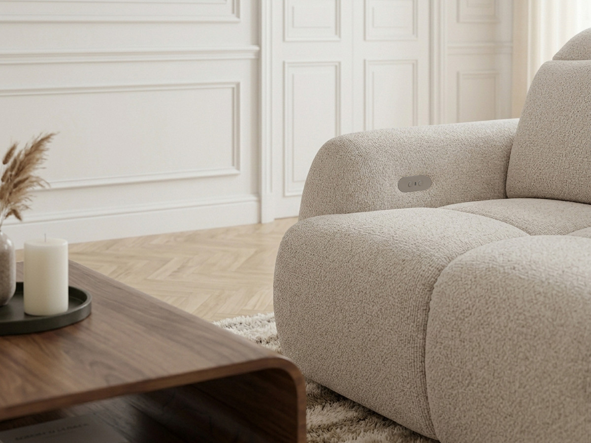 Bobochic Ruby Ecksofa mit Schlaffunktion und Bettkasten Chenille Beige Ecke rechts