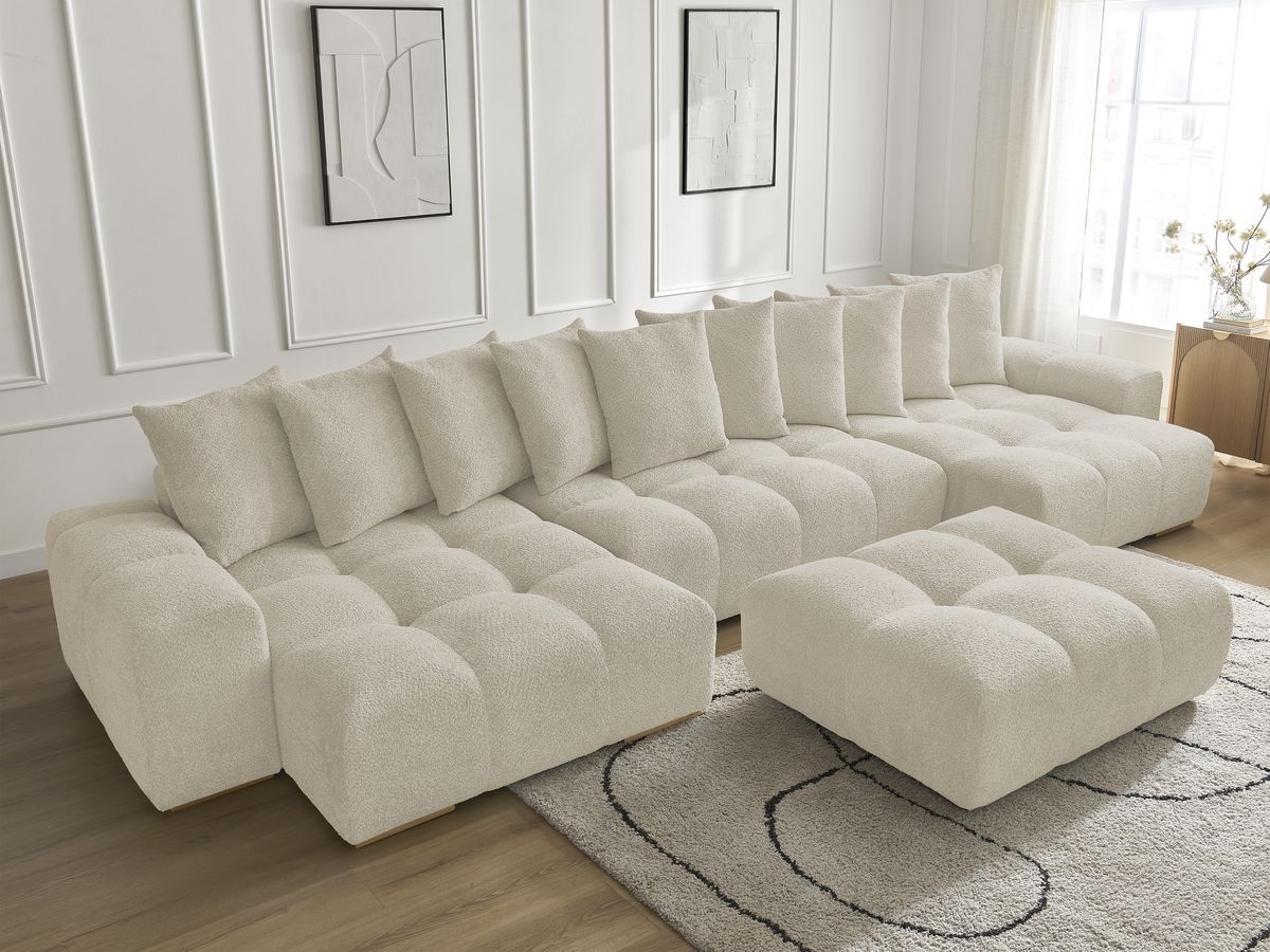 Bobochic Anakin Wohnlandschaft mit Pouf, 10 Kissen Bouclé-Stoff Beige