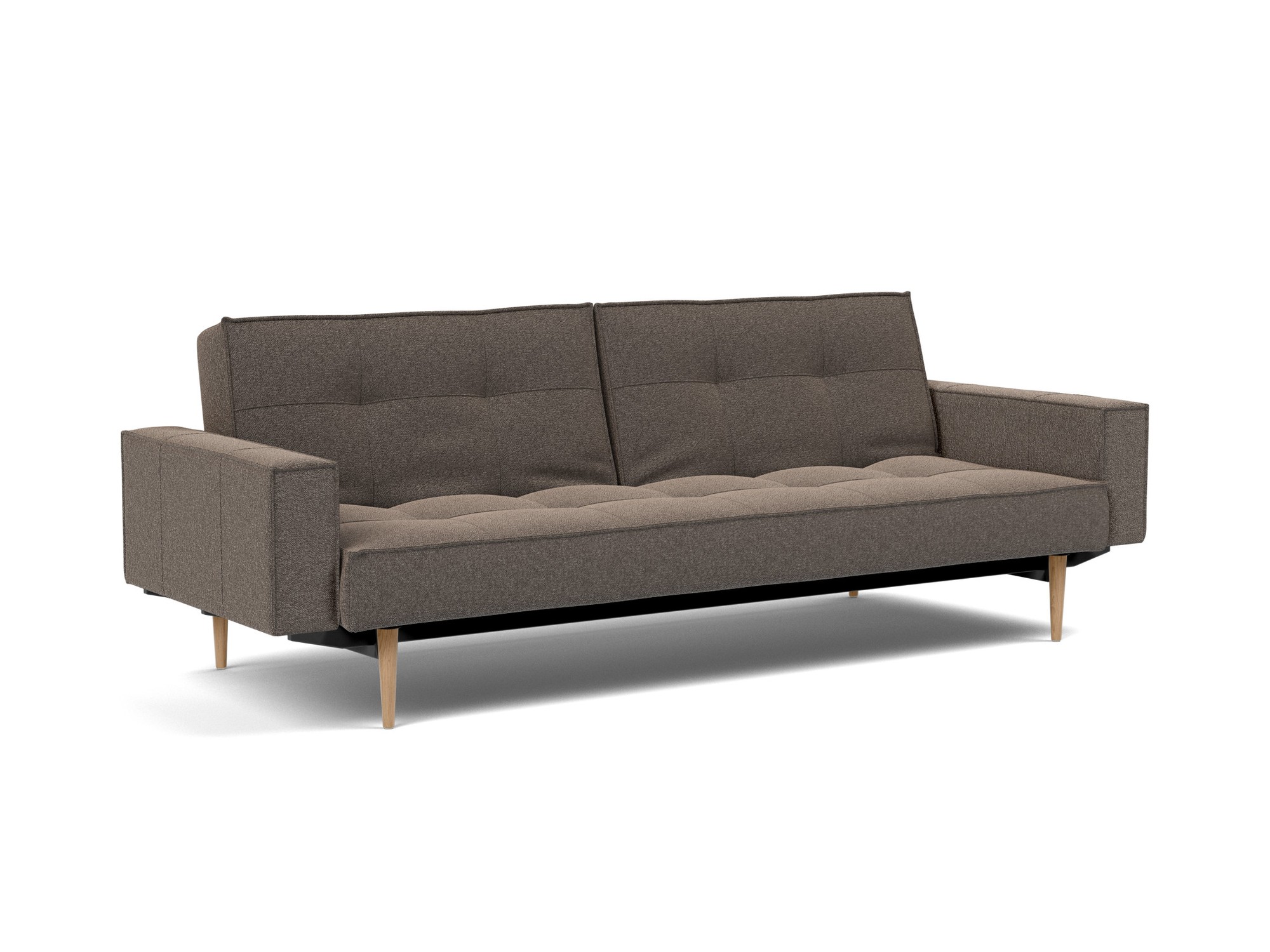 Schlafsofa Splitback mit Armlehnen Boucle Skandi 530-Taupe Beine Styletto Eiche hell