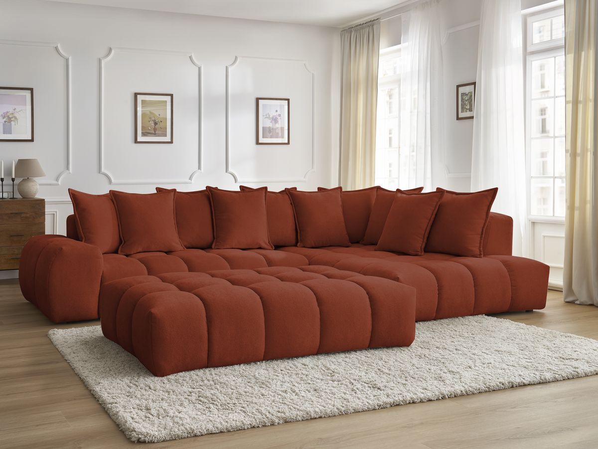 Bobochic Everest Ecksofa mit Schlaffunktion und Pouf, 10 Kissen Strukturstoff Orange Ecke rechts