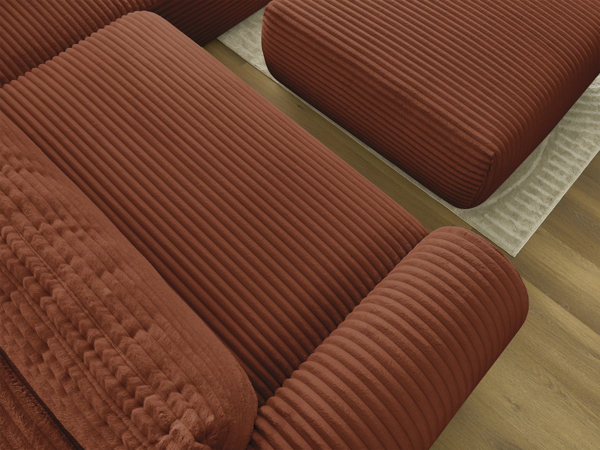 Bobochic Lucien Ecksofa mit Schlaffunktion und Bettkasten und Pouf 296 × 198 cm Breitcord weich Orange Ecke rechts
