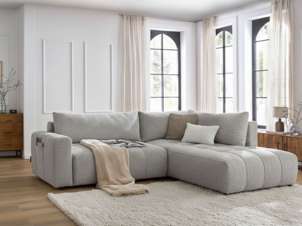 Bobochic Arsene Ecksofa mit Schlaffunktion und Bettkasten 277 × 200 cm Melange-Stoff Hellgrau Ecke rechts
