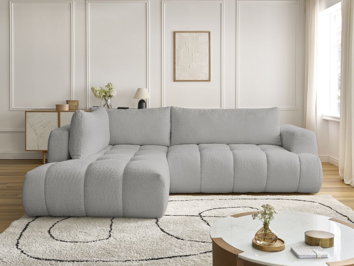 Bobochic Fuji Ecksofa mit Schlaffunktion und Bettkasten 282 × 204 cm Bouclé-Stoff Hellgrau Ecke links