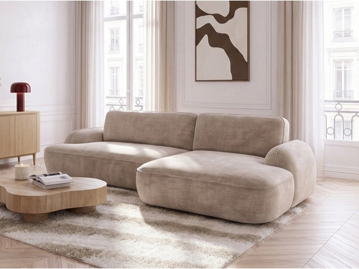 Bobochic Celeste Ecksofa mit Schlaffunktion und Bettkasten Stoff Beige Ecke rechts
